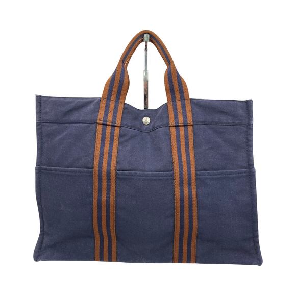 Hermès Fourre Tout MM Navy Blue Canvas Tote Bag with Brown Web Straps - Picture 4 of 16